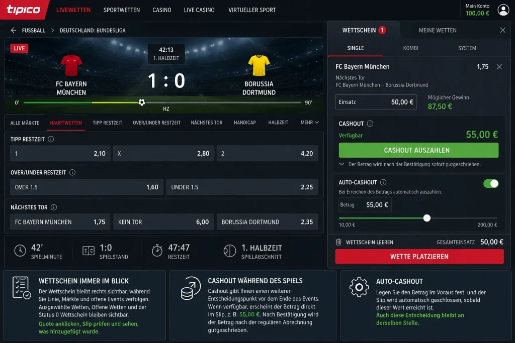 Tipico Wettschein, Cashout und Auto-Cashout